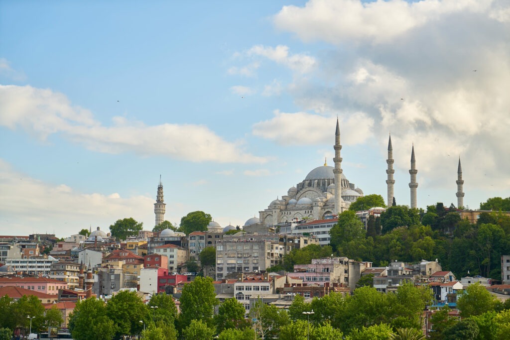 Skyline of Istanbul with the historic Suleymaniye Mosque under a clear blue sky.