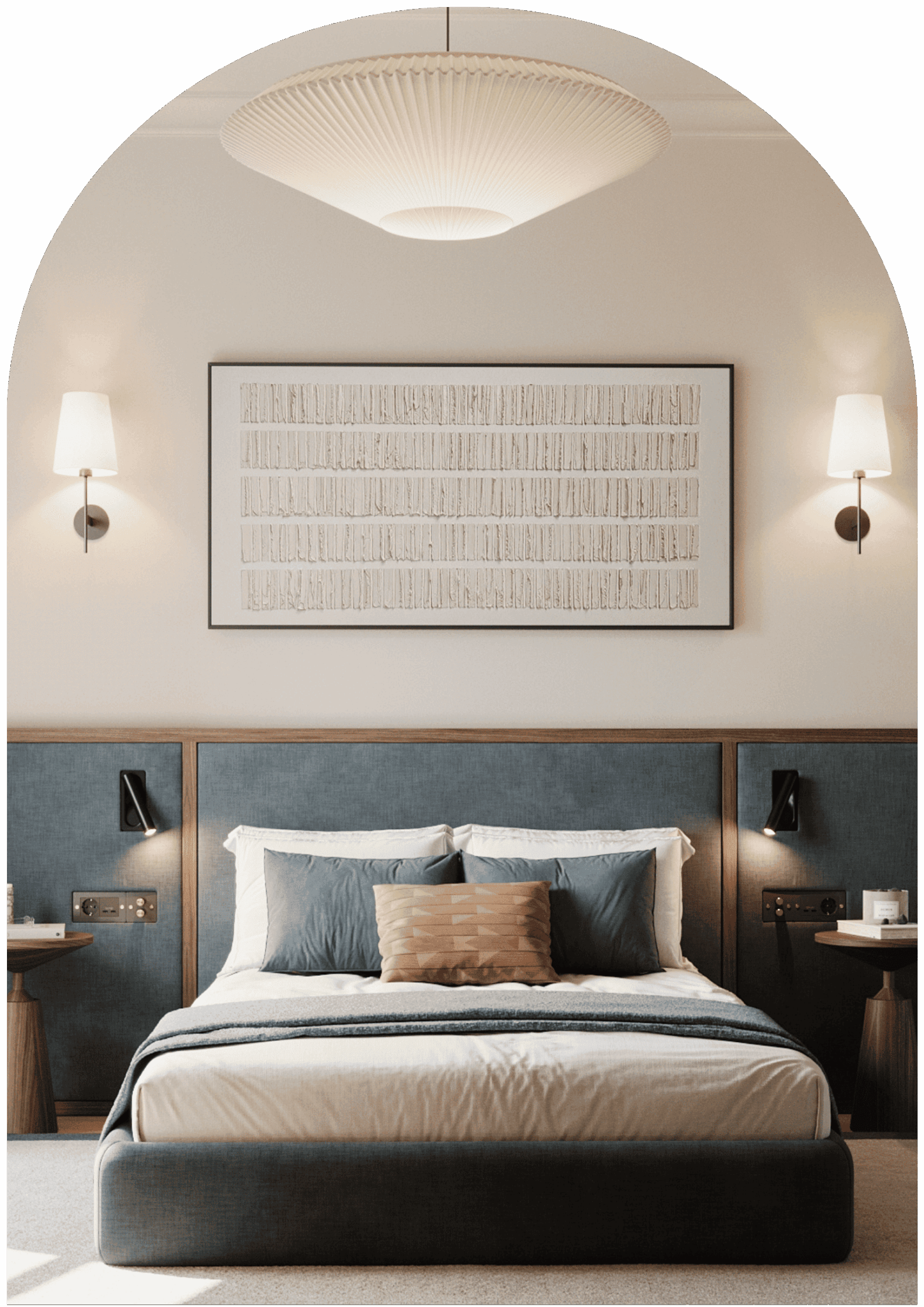 Ando Living Benefits Best rates. Modern bedroom interior featuring a plush bed, stylish artwork, and elegant lighting for a cozy atmosphere.