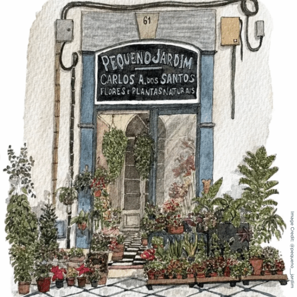 Charming plant shop entrance adorned with diverse potted plants and flowers, inviting nature lovers inside.