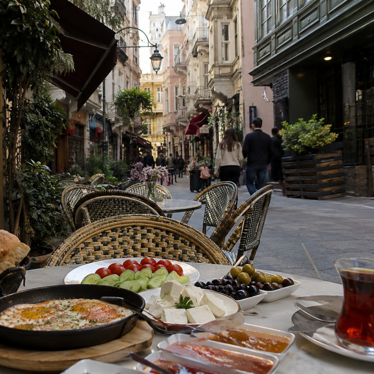 Breakfast spread with olives, cheese, and bread in a quaint street cafe, surrounded by historic buildings and people walking.
