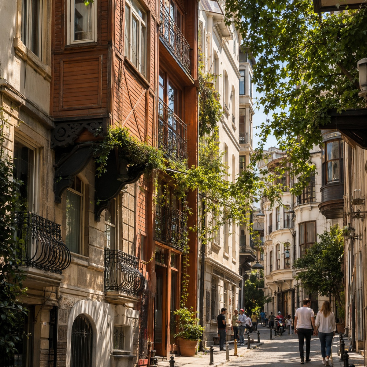 Charming street scene with historic buildings, lush greenery, and pedestrians enjoying a sunny day. Urban exploration.