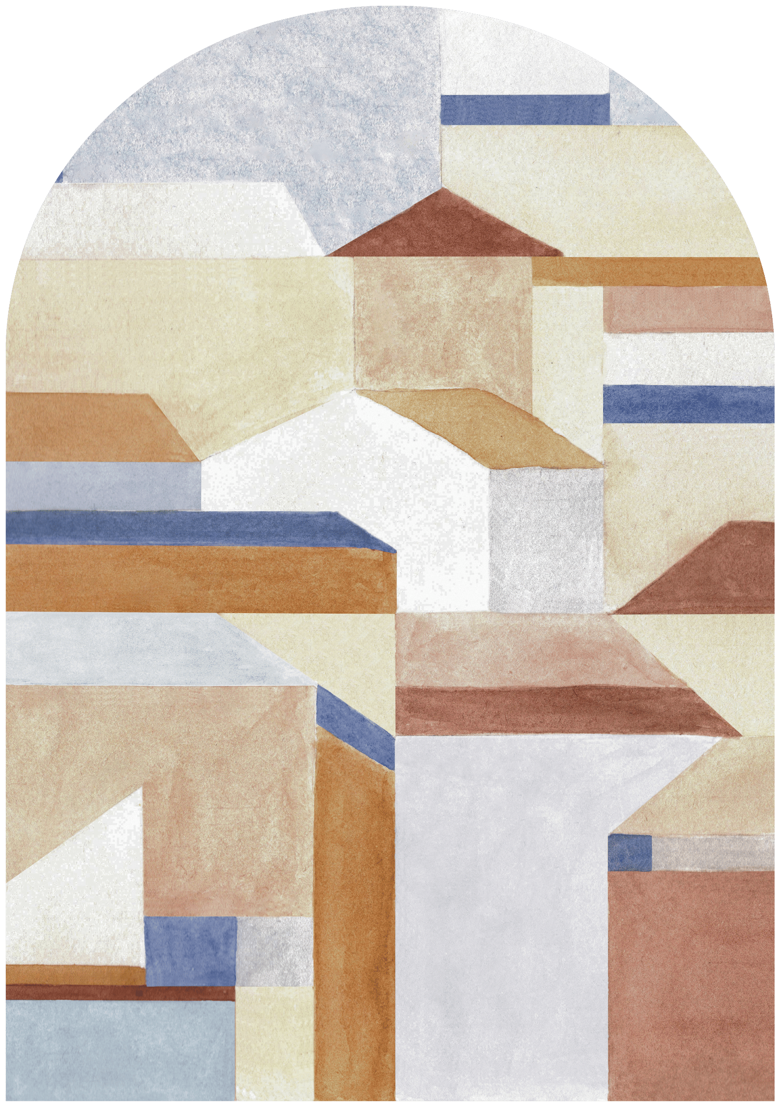 Abstract geometric art featuring layered shapes in warm tones and soft blues, creating a serene, artistic landscape.