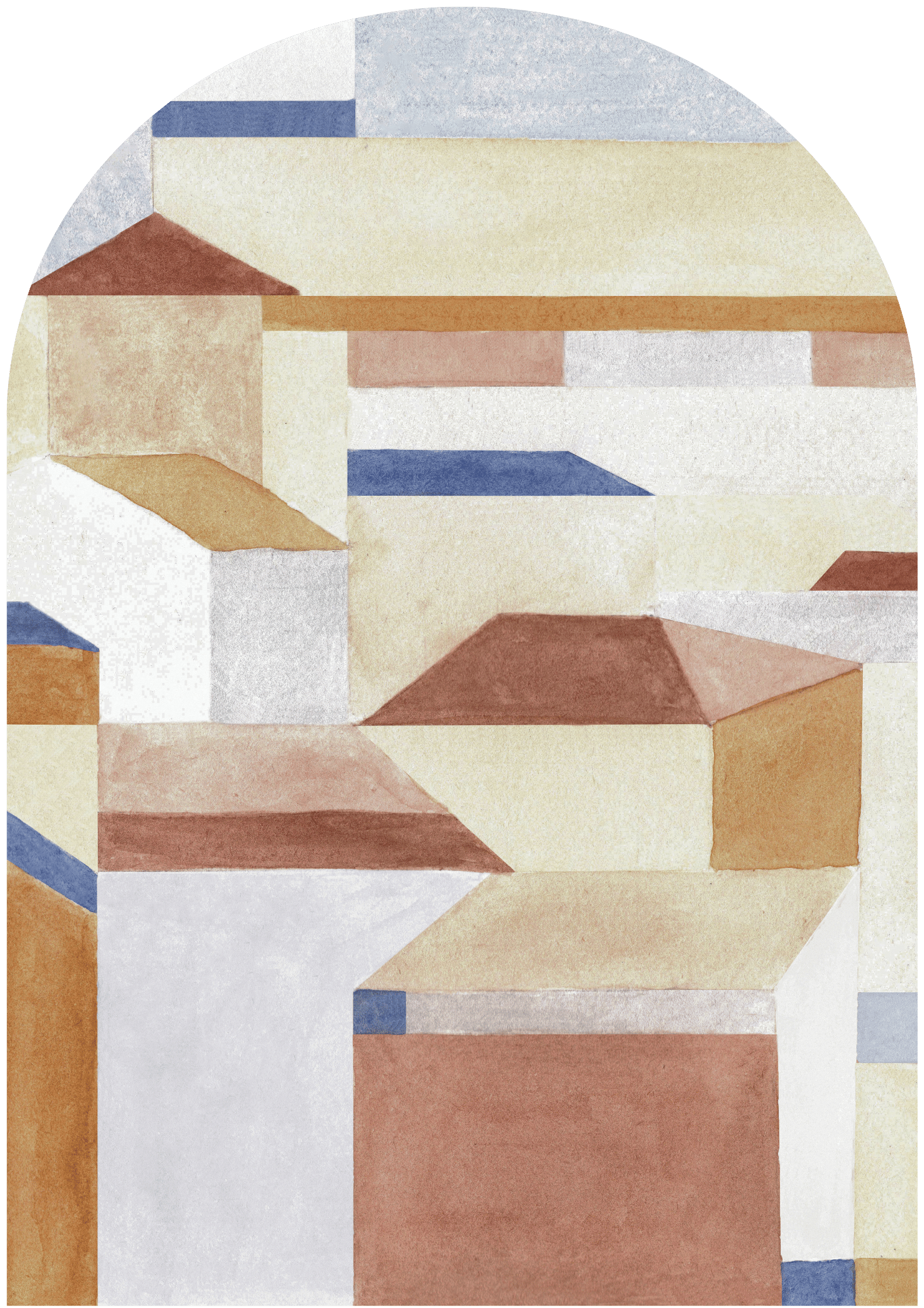 Abstract geometric landscape with earthy tones, featuring minimalist buildings and a modern architectural style.