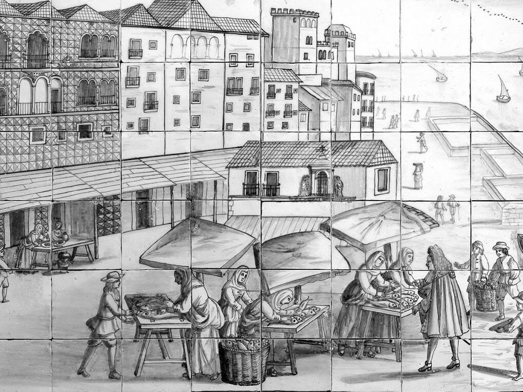 Historical market scene in black and white, featuring vendors, architecture, and daily life by the waterfront.