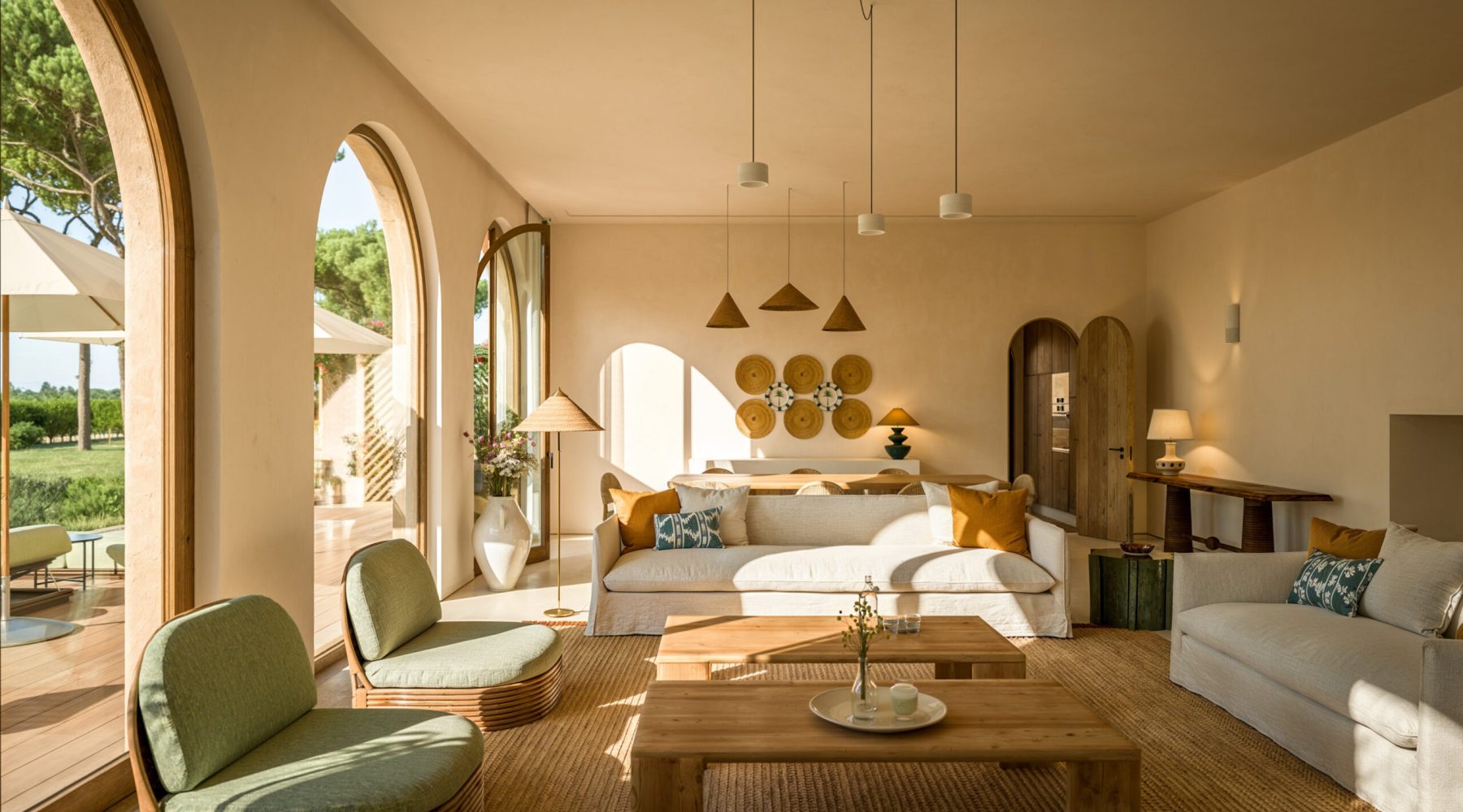 Bright modern living room with natural light, chic wicker furniture, and green views through arched windows.