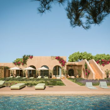 Luxury villa with pool, terrace, and garden under clear blue sky; ideal for relaxing in a serene oasis.