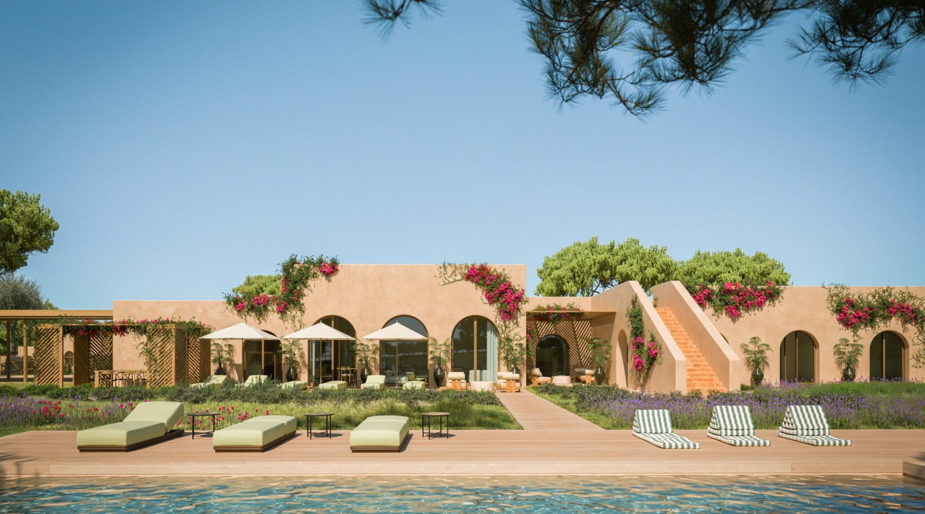Luxury villa with pool, terrace, and garden under clear blue sky; ideal for relaxing in a serene oasis.