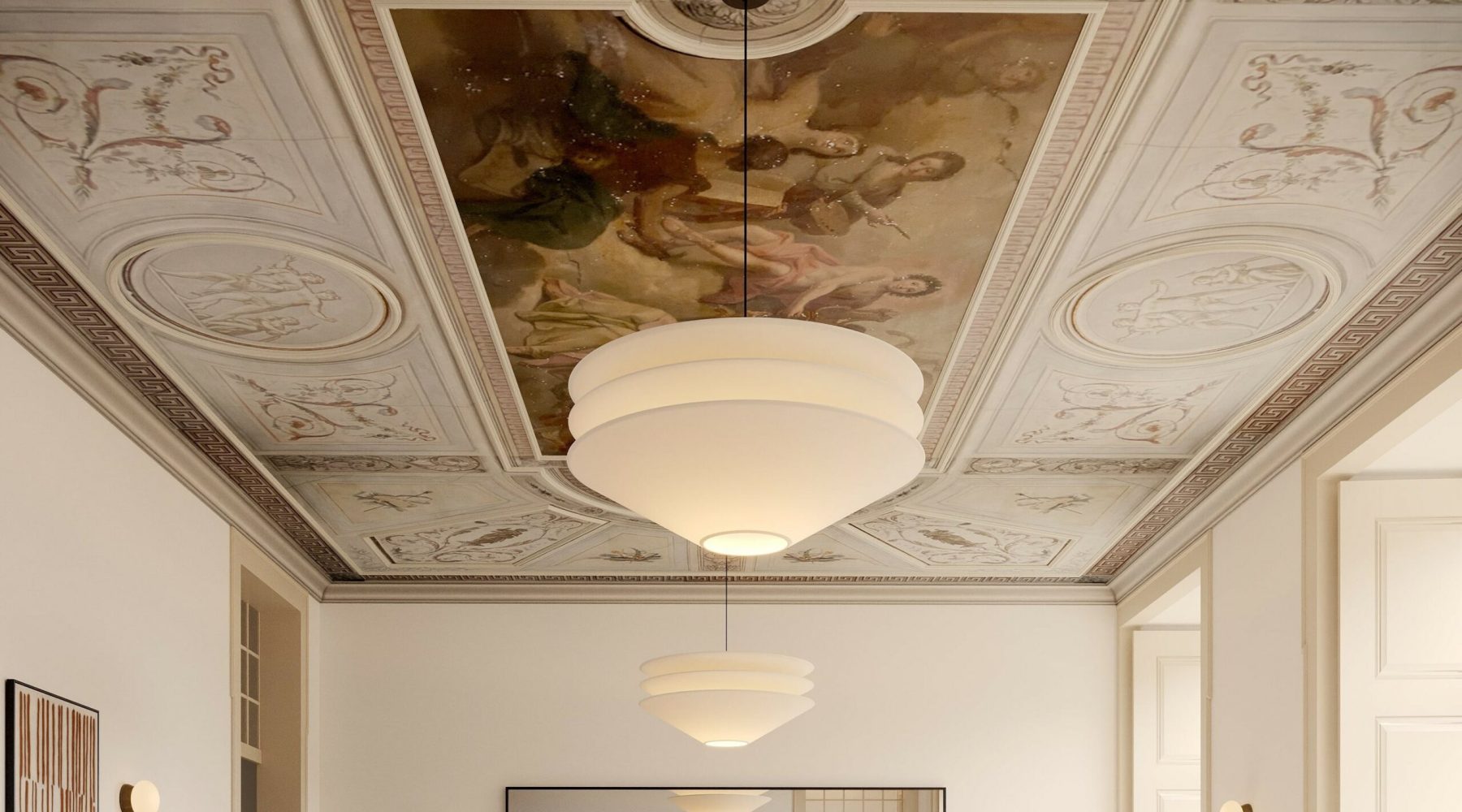 Ornate ceiling with classical fresco and modern pendant lights in elegant room.