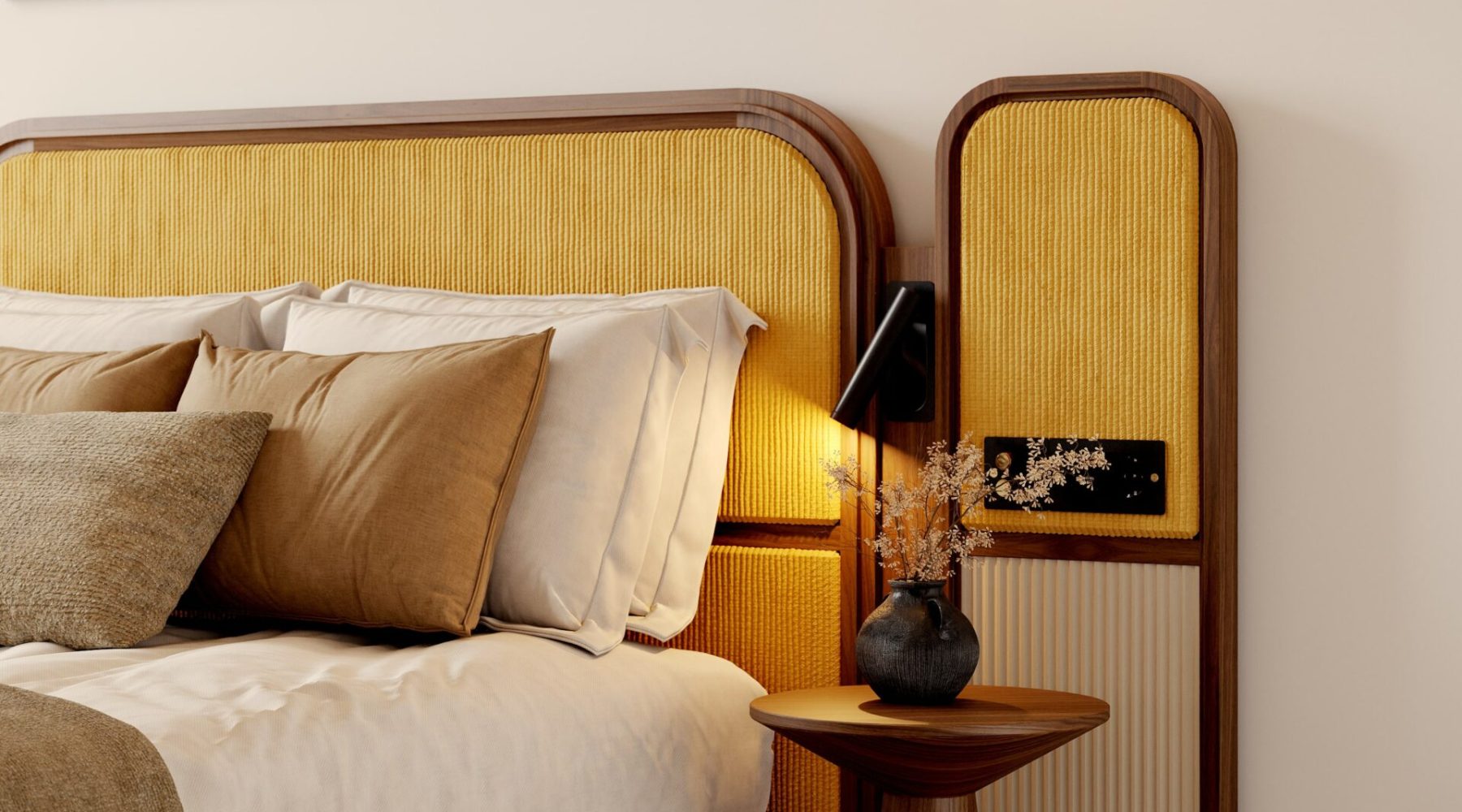 Modern bedroom with mustard headboard, abstract art, and wooden side table with a vase, lit by a wall sconce.