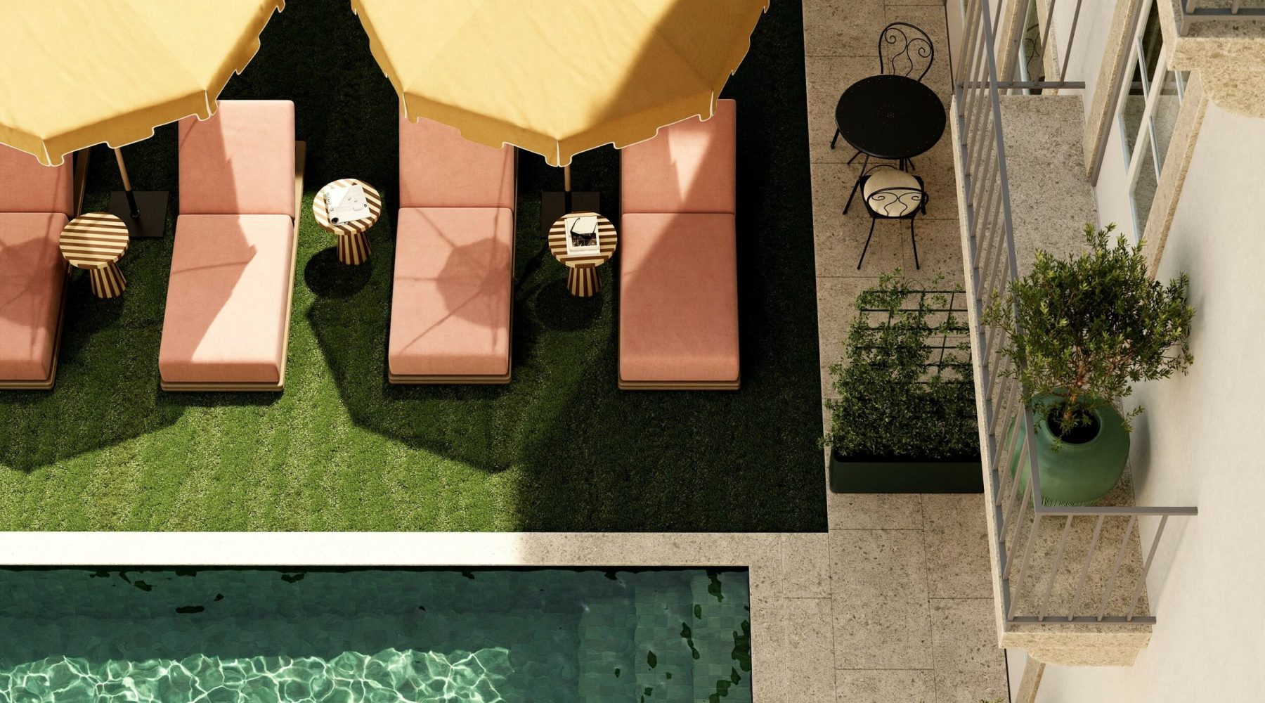 Aerial view of poolside lounge chairs and yellow umbrellas next to a clear swimming pool and balcony seating.