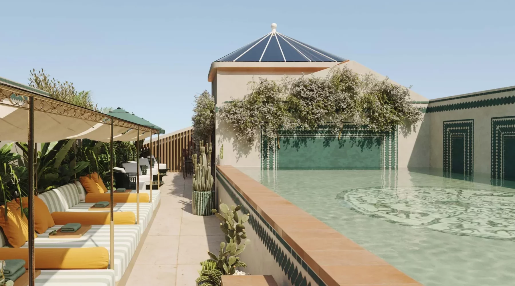 Luxurious rooftop pool with sun loungers and poolside cabanas, surrounded by lush greenery under a clear sky.