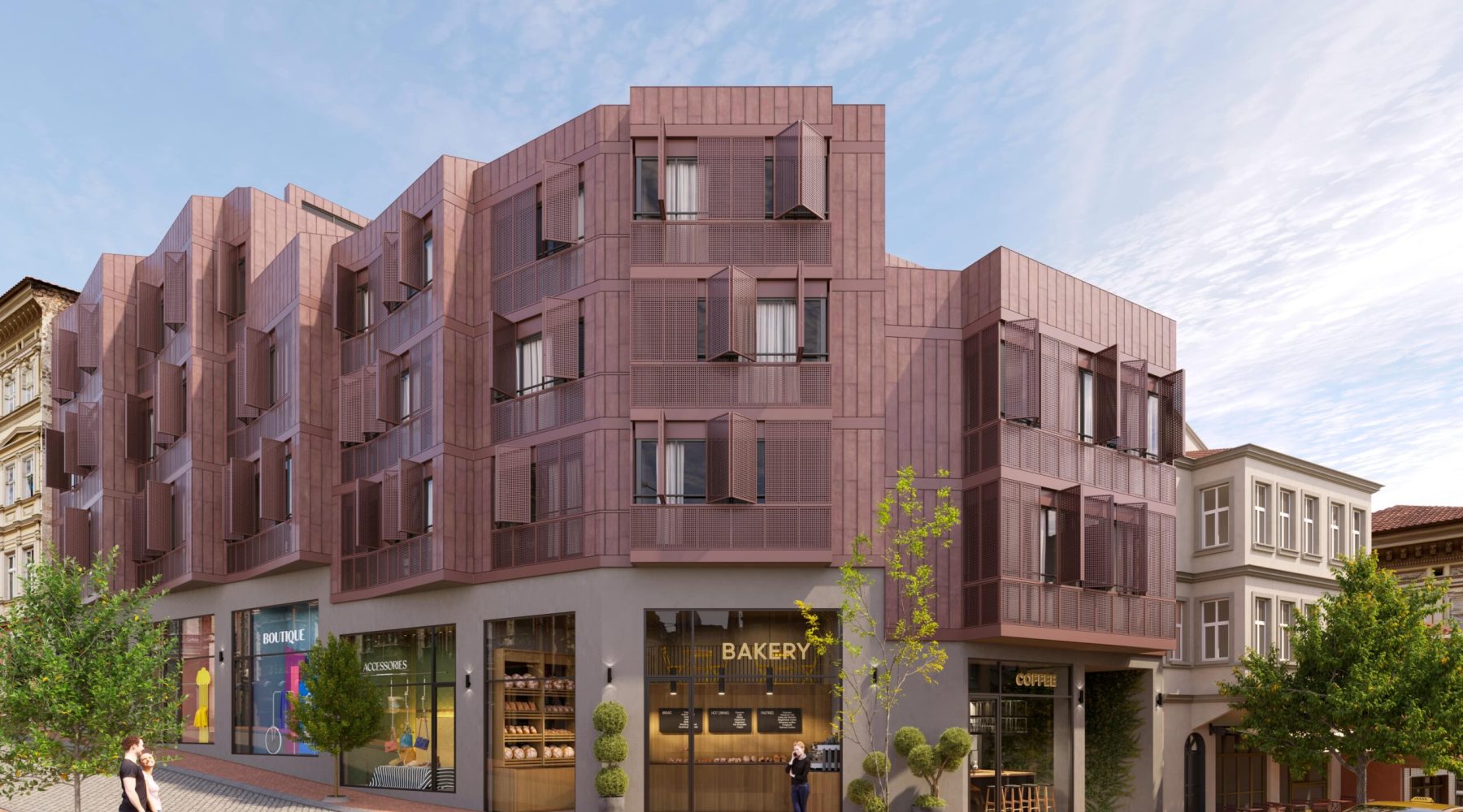 Modern urban building with brown facade, street shops, and people walking on a sunny day.