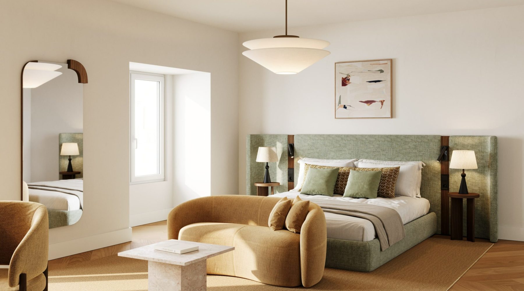 Modern bedroom with stylish furniture, green bed, cozy couch, abstract art, and natural lighting from a window.