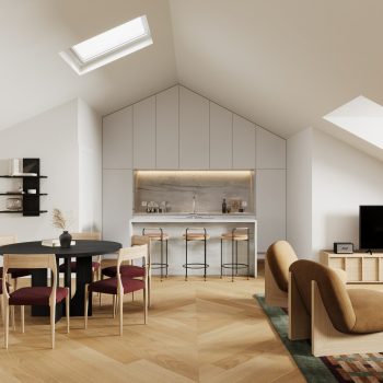 Modern open-plan living space with dining area, cozy chairs, TV unit, and kitchen bar under skylights. Minimalist decor.