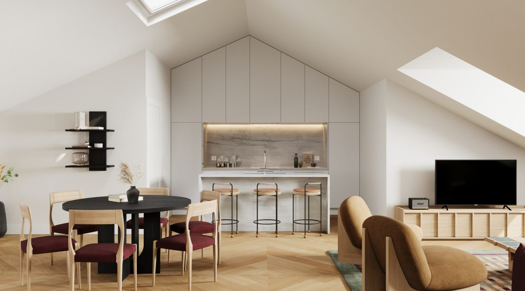 Modern open-plan living space with dining area, cozy chairs, TV unit, and kitchen bar under skylights. Minimalist decor.