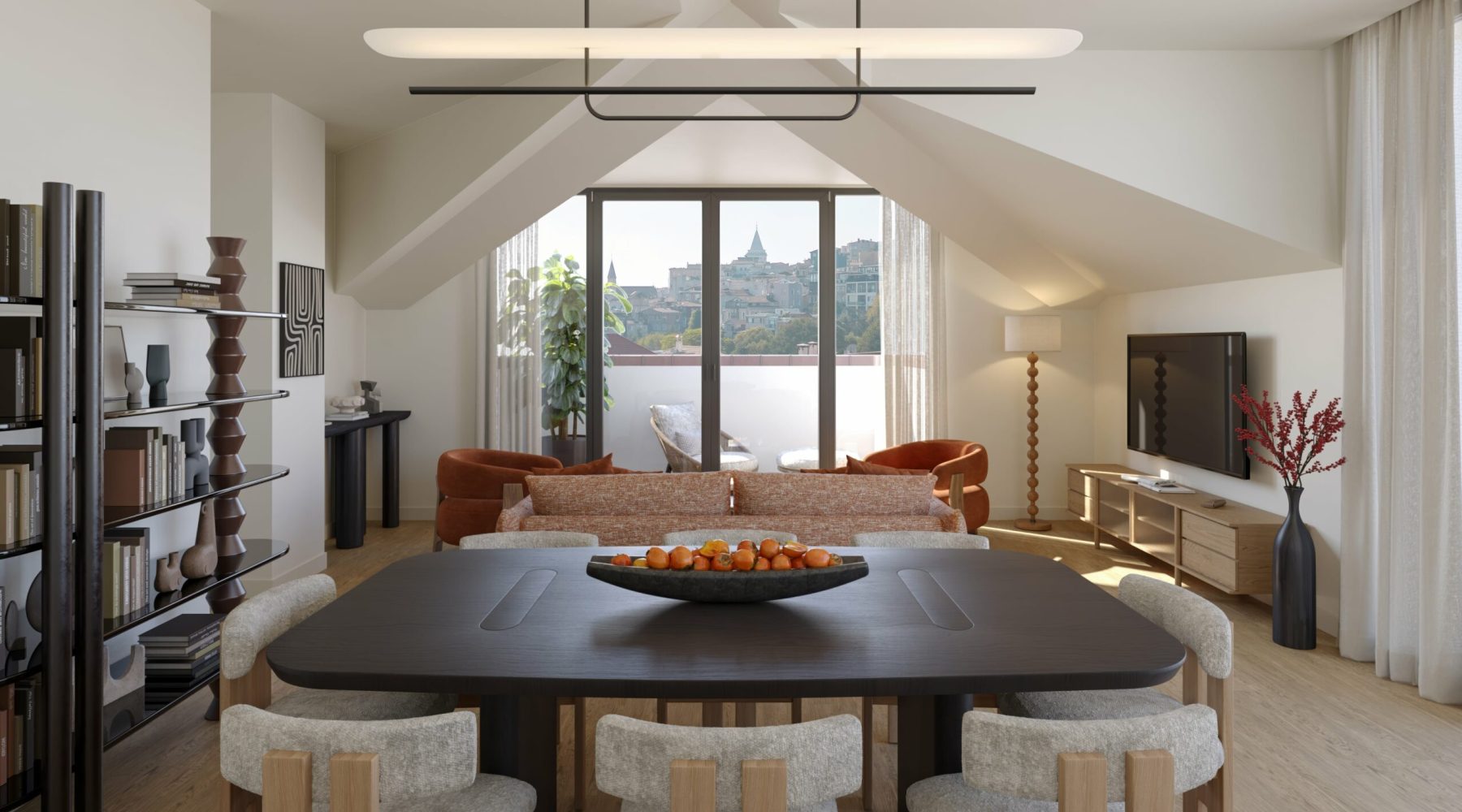 Modern living room with dining area, large window view, stylish furniture, and neutral decor.