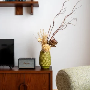 Modern living room decor featuring a wooden cabinet, decorative vases, and a stylish speaker on display.