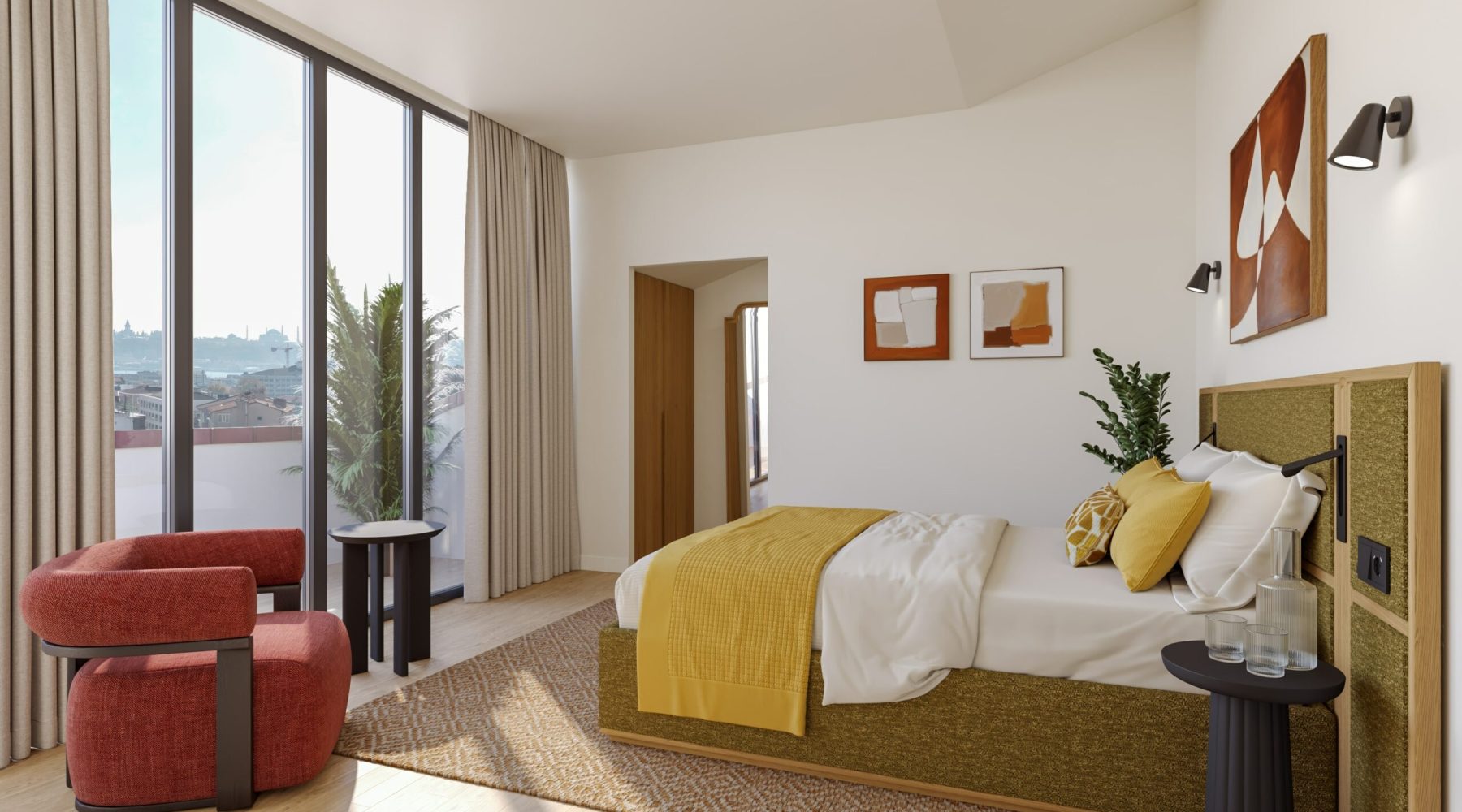 Modern bedroom with large windows, red chair, yellow accents, and city view. Cozy and stylish interior design.