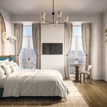 Luxurious bedroom with elegant decor, large windows, and scenic view. Comfortable bed, stylish furnishings, cozy ambiance.