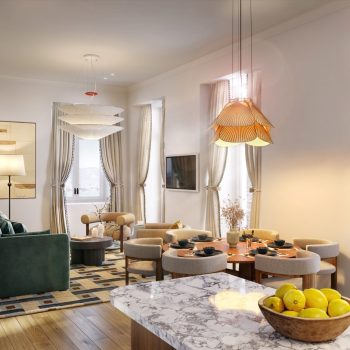Stylish modern living room with marble kitchen island, cozy seating, and elegant lighting.