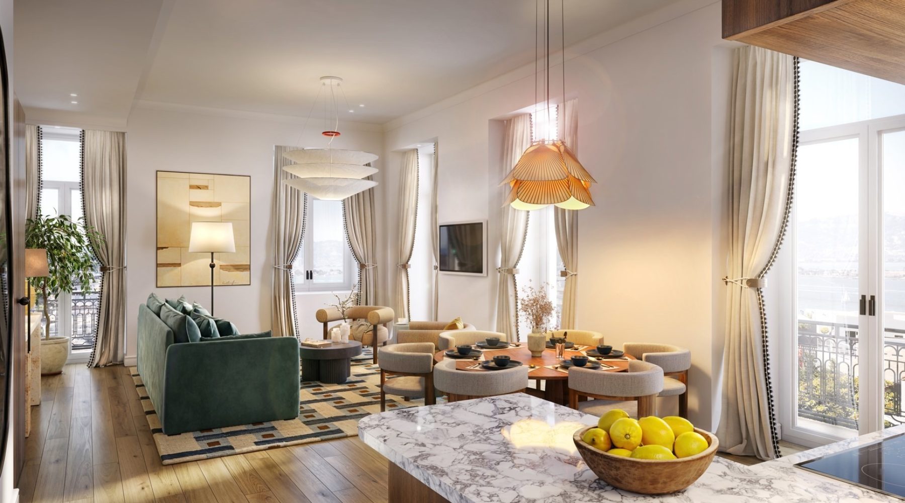 Stylish modern living room with marble kitchen island, cozy seating, and elegant lighting.